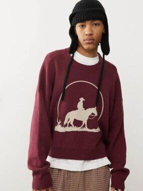 Pacsun Moonlight Cropped Burgundy Cowboy Western Soft Oversized Boxy Sweater L